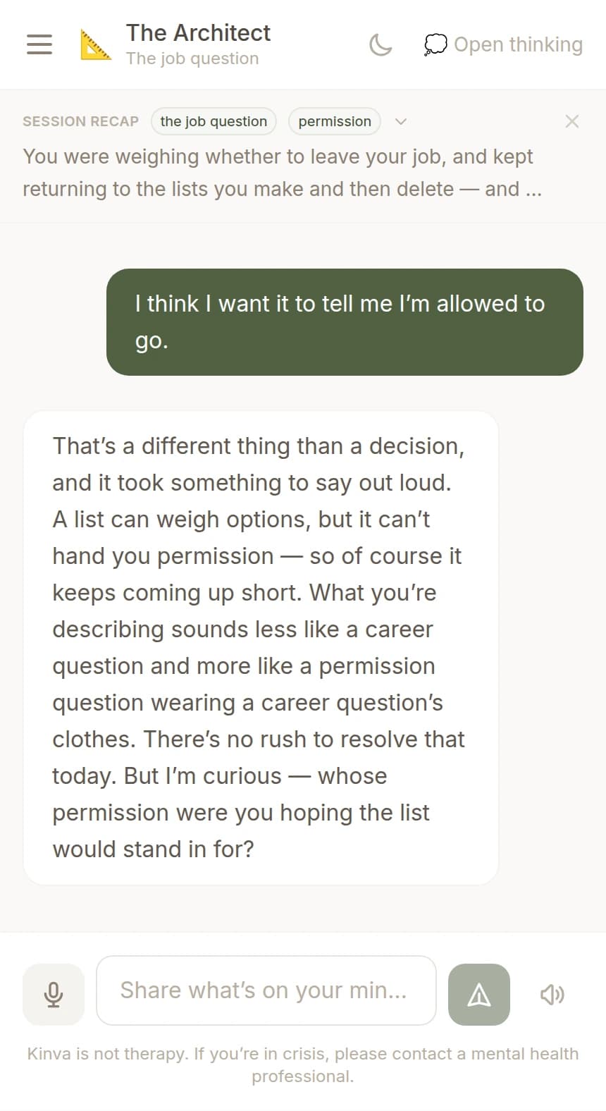 A conversation in progress with The Architect: the visitor describes what they are weighing, and the partner answers with a question that opens the thought rather than resolving it.