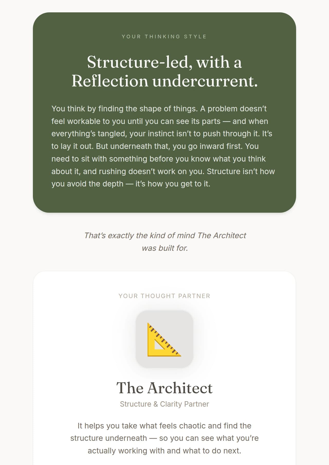 A match reveal in Kinva: the app names the visitor's thinking style, explains what it noticed, and introduces The Architect as the partner that fits it.