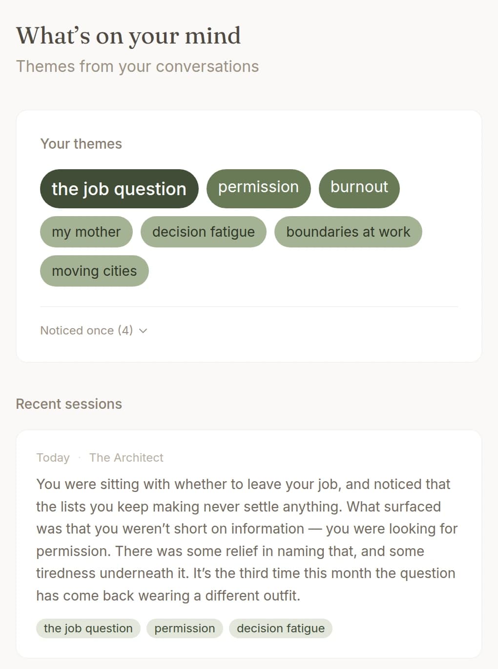 The themes screen in Kinva: the subjects a visitor keeps returning to, sized by how often they recur, above a session the app summarised back to them.